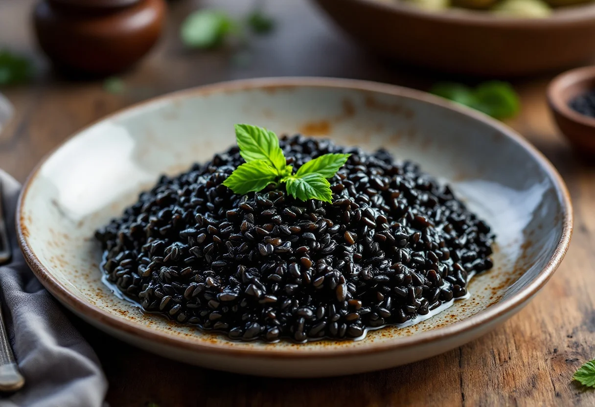 A photo of Black Risotto, a rice dish from Croatia