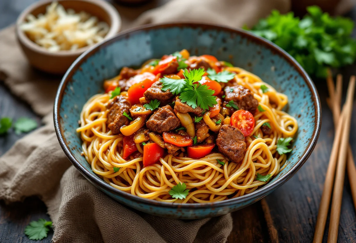 A photo of Laghman, a noodles dish from Kyrgyzstan