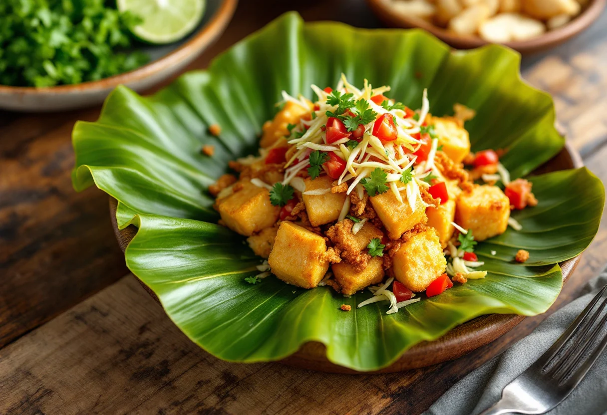 A photo of Vigorón, a vegetables dish from Nicaragua